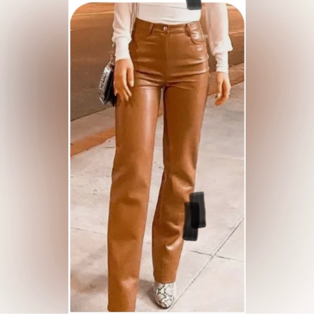 Aritzia Wilfred Melina Pants Leather High Rise Straight 8 Tall Mocha Brown NWT